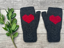 Load image into Gallery viewer, Alpaca Hand Knit Cable Heart Fingerless Gloves (Charcoal, Cream, Black)