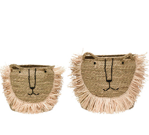 Lion Hand-Woven Seagrass Baskets, Set of Two