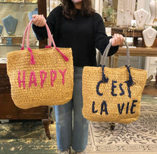 Load image into Gallery viewer, Embroidered Raffia Tote (Happy, C'est La Vie, Ciao)