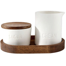 Load image into Gallery viewer, Ceramic and Wood Cream + Sugar Set