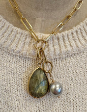 Load image into Gallery viewer, Cristina V. Paperclip Y Chain Necklace with Labradorite and Grey Pearl