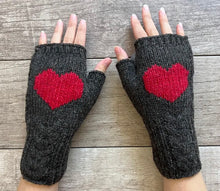 Load image into Gallery viewer, Alpaca Hand Knit Cable Heart Fingerless Gloves (Charcoal, Cream, Black)
