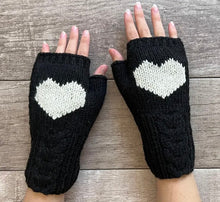 Load image into Gallery viewer, Alpaca Hand Knit Cable Heart Fingerless Gloves (Charcoal, Cream, Black)