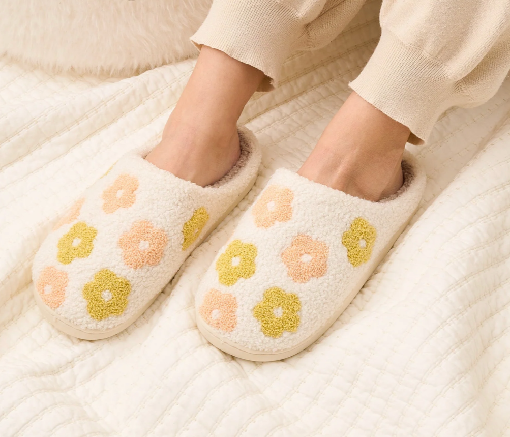 Fuzzy Floral Slippers (Peach, Blue)