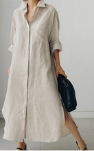 Load image into Gallery viewer, Linen Shirt Dress (Cocoa, White) - ONLY 3 LEFT