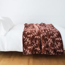 Load image into Gallery viewer, Bella Notte Linens Lynette Silk Velvet Comforter, Elegant Floral  pattern embroidered across rich silk velvet background, in an array of colors.. Rosegold is a rich dark mauve color, with lighter pink embroidered floral pattern scattered across.
