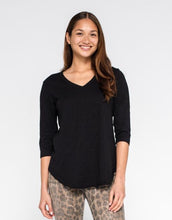Load image into Gallery viewer, Wilt 3/4 Sleeve V-Neck Raw Hem Shirttail Tee (Black, Size M)
