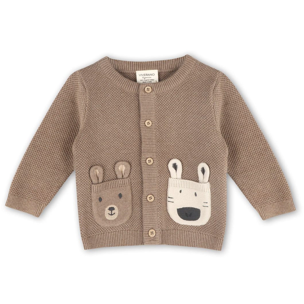 Animal Pocket Button Cardigan Baby Sweater, Cocoa Heather