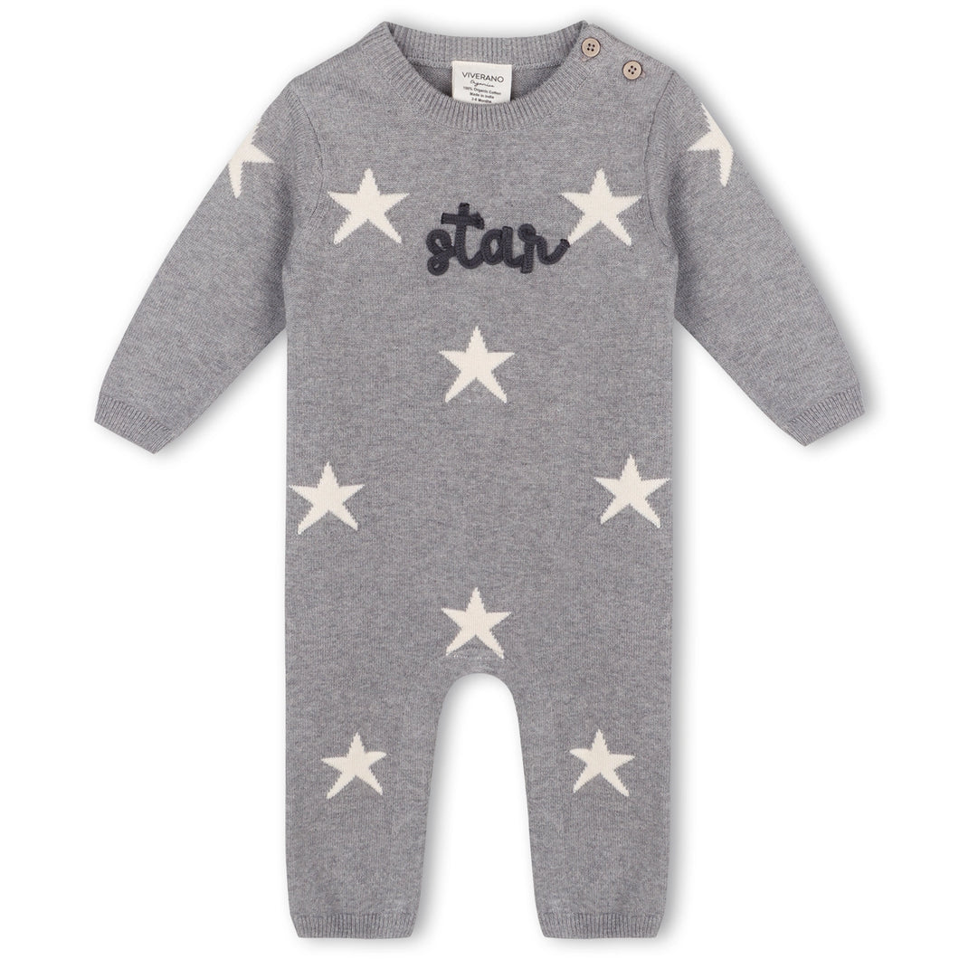 Star Jacquard Baby Sweater Knit Jumpsuit, Heather Grey