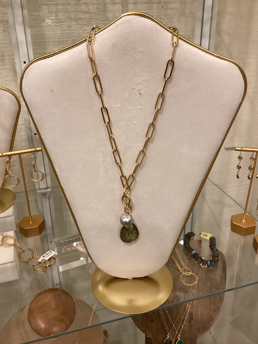 Cristina V. Paperclip Y Chain Necklace with Labradorite and Grey Pearl