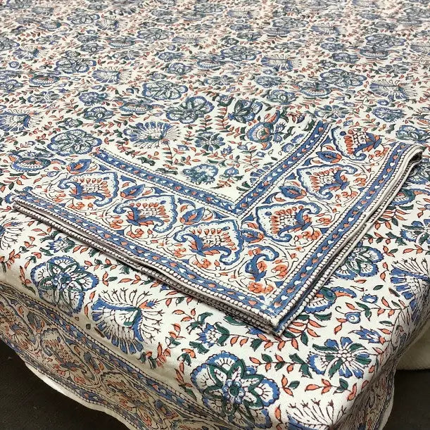 Blue Starflower Block Print Tablecloth (3 Sizes)