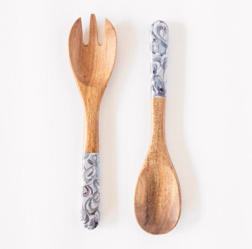 Wooden Salad Servers, Pewter Shells