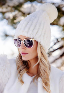 Knitted Faux Fur Pom Hat (Whiskey, Ivory)