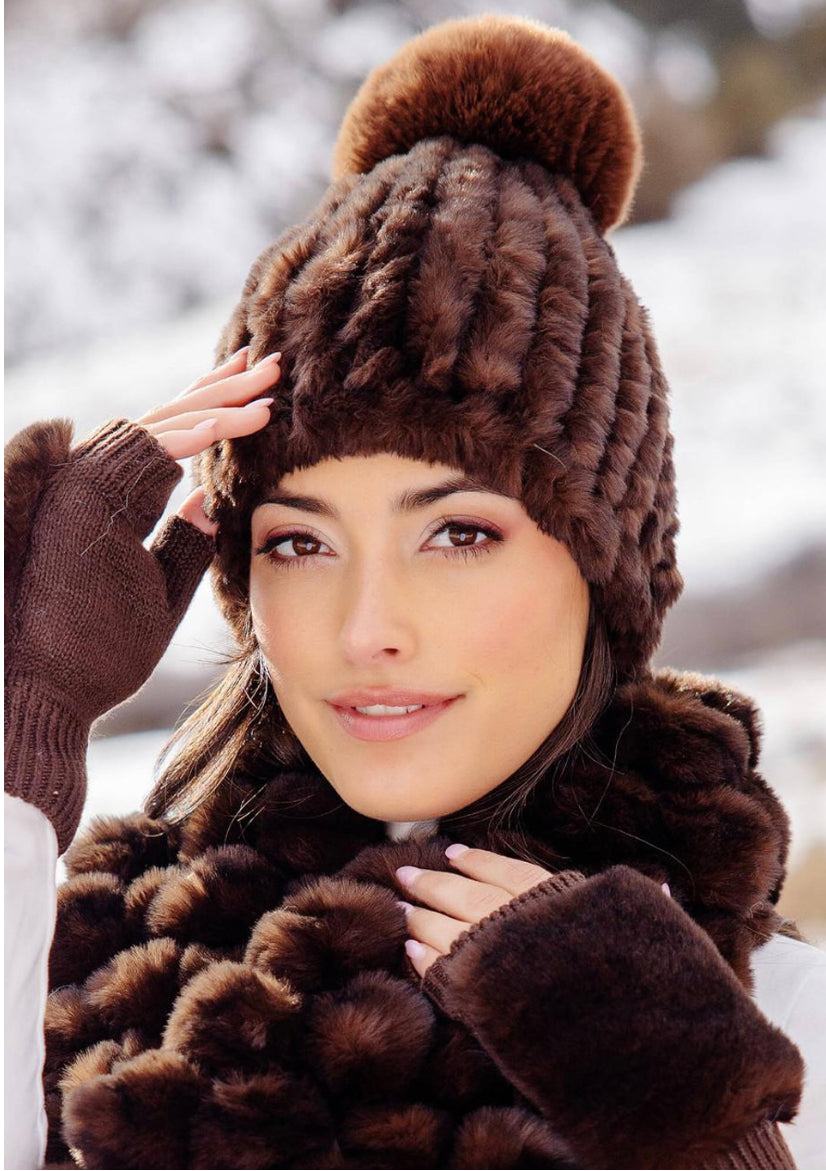 Knitted Faux Fur Pom Hat (Whiskey, Ivory)