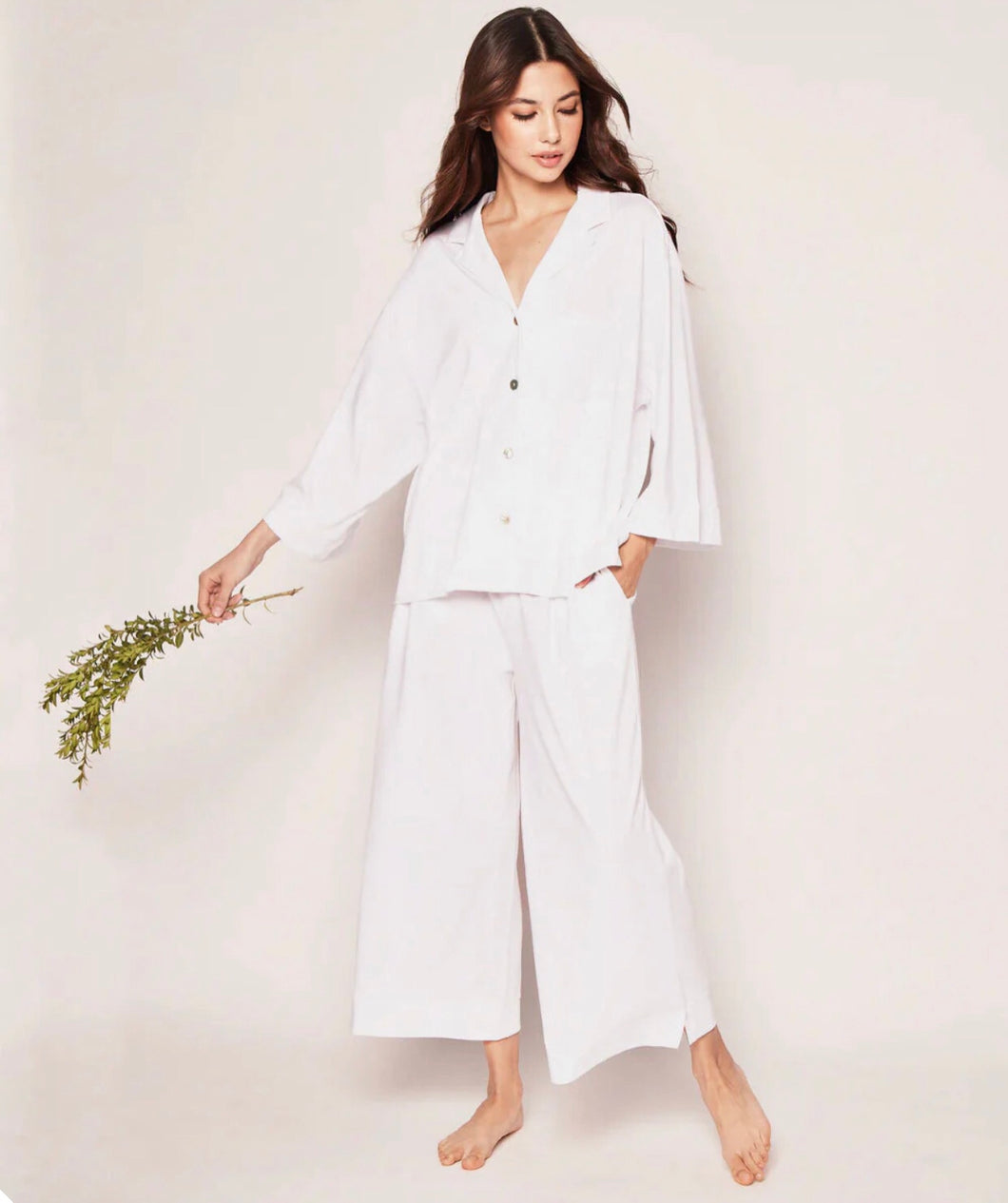 Olivia Wide Leg Pima Pajama Set, White