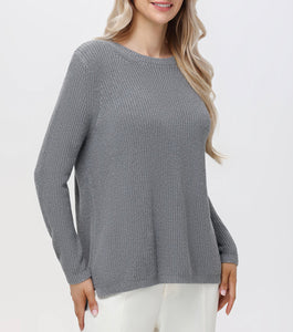 Emma Crewneck Shaker Sweater, Smoke Grey