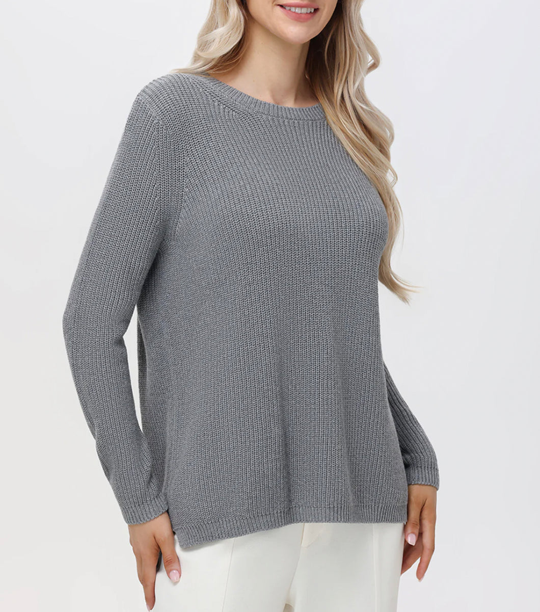 Emma Crewneck Shaker Sweater, Smoke Grey