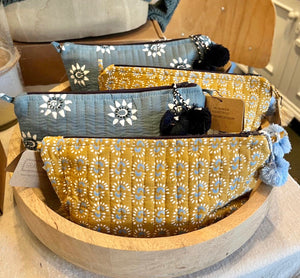 Sunburst Hand Block Printed Makeup Pouch, Dark Honey