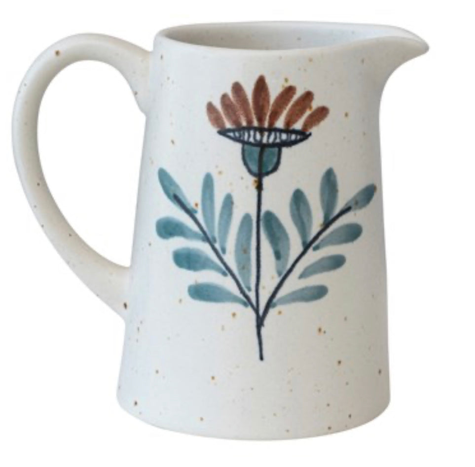 Hand-Painted Stoneware Pitcher with Floral Design