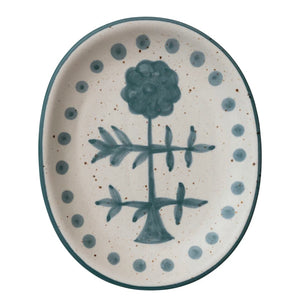 Hand-Painted Stoneware Platter, Floral Design, 8x10