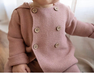 Organic Cotton Knit Hooded Baby Sweater (Vintage Rose, Stone)
