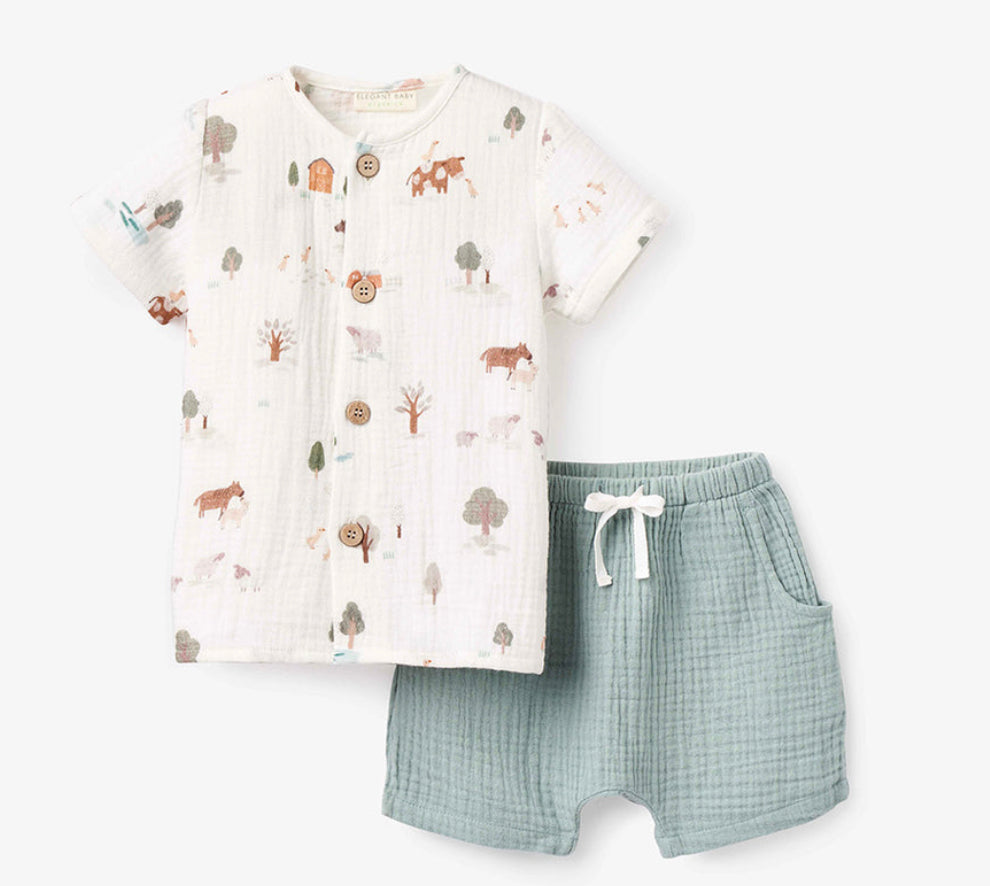 Elegant Baby On The Farm Organic Cotton Muslin Top + Shorts Set