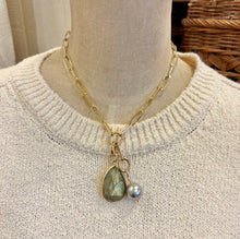 Load image into Gallery viewer, Cristina V. Paperclip Y Chain Necklace with Labradorite and Grey Pearl
