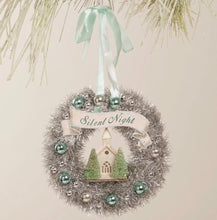 Load image into Gallery viewer, Silent Night Tinsel Wreath Ornament  (Ivory, Blue)
