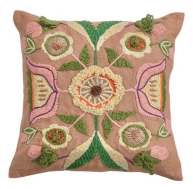 Indoor/Outdoor Embroidered Floral Pillow
