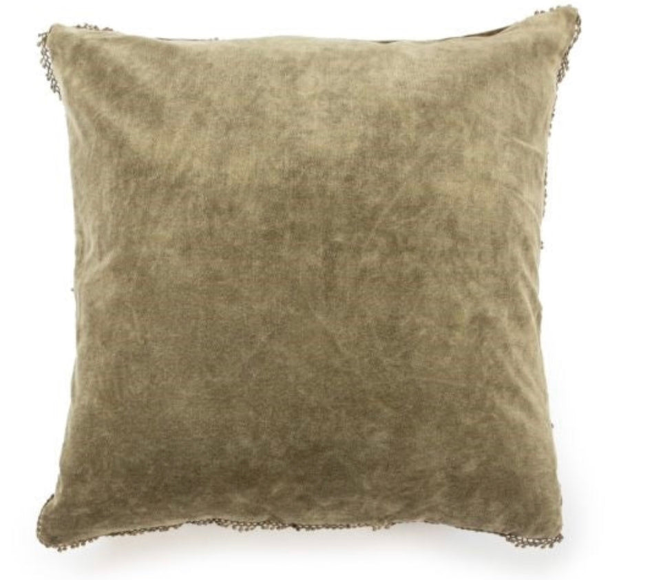 Velvet Pillow with Pom Pom Trim (Moss, Pine)