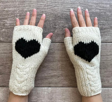 Load image into Gallery viewer, Alpaca Hand Knit Cable Heart Fingerless Gloves (Charcoal, Cream, Black)
