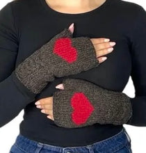 Load image into Gallery viewer, Alpaca Hand Knit Cable Heart Fingerless Gloves (Charcoal, Cream, Black)
