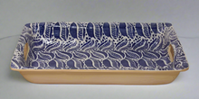 Load image into Gallery viewer, Rectangular ceramic baking dish with blue leaf pattern on a wooden surface
