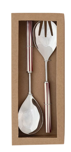 Red & White Stripe Resin Salad Servers
