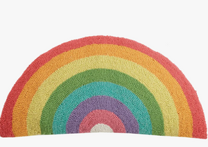 wool hooked pillow in rainbow shape and colors, perfect for kids or baby room for a happy pop of color