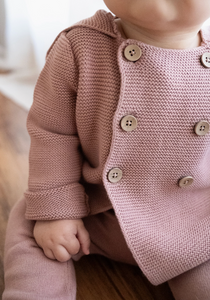 Organic Cotton Knit Hooded Baby Sweater (Vintage Rose, Stone)