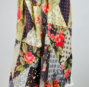Floral Patchwork Print Embroidered Scarf