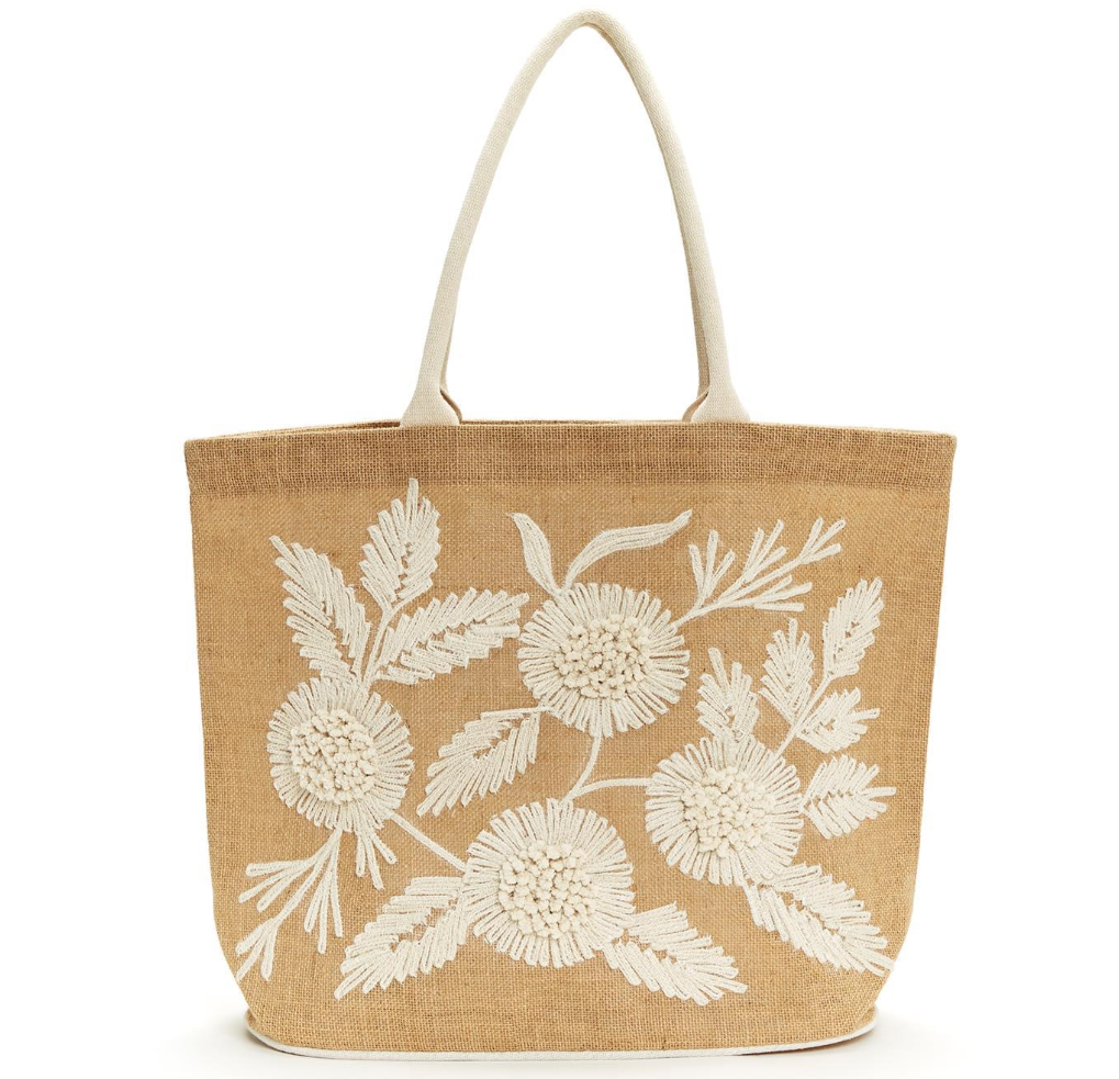 Embroidered Floral Jute Tote