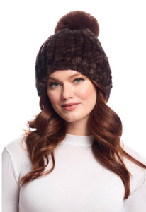 Knitted Faux Fur Pom Hat (Whiskey, Ivory)