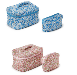 Floral Print Cosmetic Case + Pouch Set  (Blue, Pink)