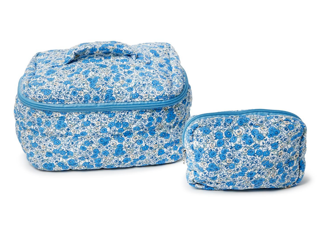 Floral Print Cosmetic Case + Pouch Set  (Blue, Pink)