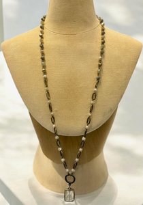 Neutral Beaded Crystal Necklace with Crystal Drop