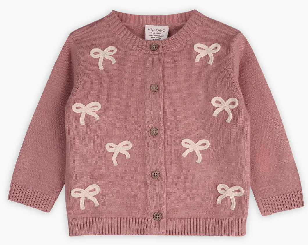 Organic Bow Embroidered Cardigan + Pants Set