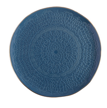 Load image into Gallery viewer, Gold Rim Stamped Ceramic Platter  (Teal Blue,  Ivory)
