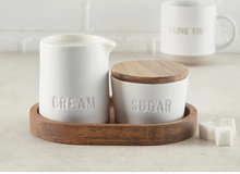 Load image into Gallery viewer, Ceramic and Wood Cream + Sugar Set

