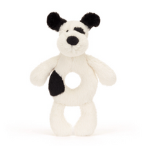 Load image into Gallery viewer, Jellycat Black &amp; Cream Puppy Ring Rattle
