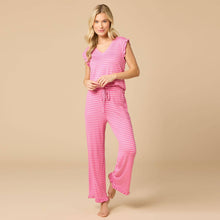 Load image into Gallery viewer, Dream Ruffle V-Neck with Cropped Pant, Fuchsia Stripe
