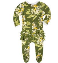 Load image into Gallery viewer, Milkbarn Ruffle Zipper Footed Romper, Green Floral
