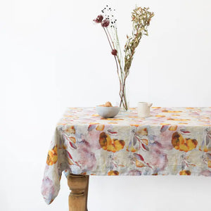 Orange Floral Natural Linen Table Cloth - 55" x 98"