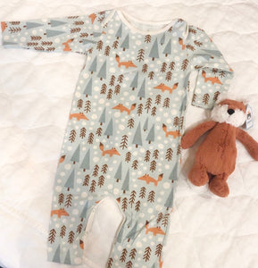 Organic Cotton Long Sleeve Romper - Blue Foxes